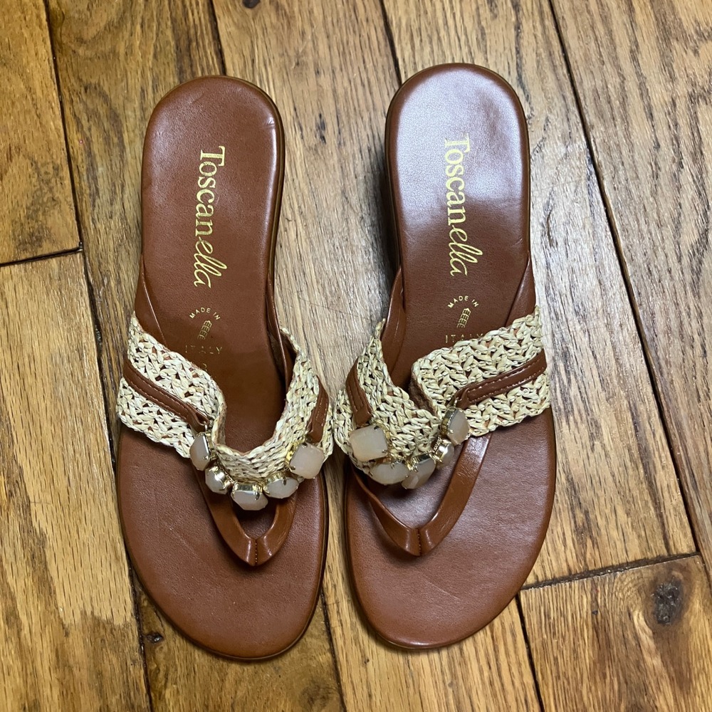 Toscanella Italian Wedge Sandals Brown Woven Raffia Stone Embellished 8 Y2K